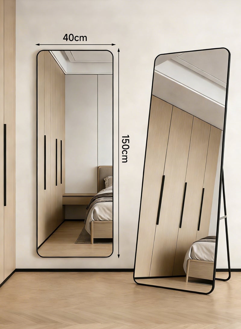 أركايوبتيركس مرآة مستطيلة كاملة الطول مقاس 150 × 40 سم مع حامل، حواف مستديرة - توضع على الأرض أو تثبت على الحائط أو توضع على الحائط، إطار أسود لغرفة المعيشة وغرفة النوم والمدخل (أسود) - Image 1